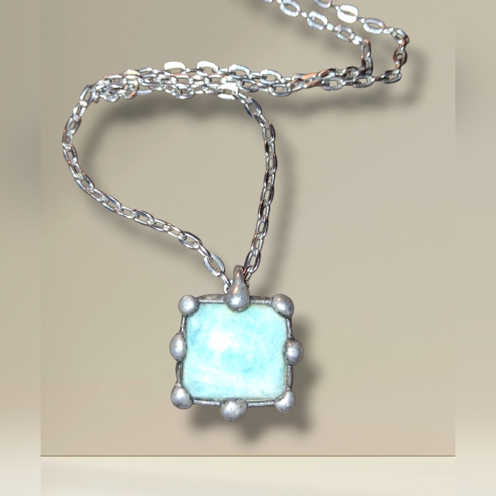 Blue GemStone Silvertone Pendant On Chain Necklace Vintage
